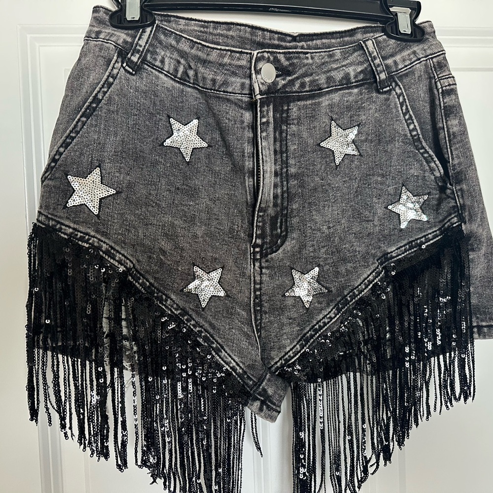 Gray Distressed Denim Fringe Shorts with Silver Star Sequins